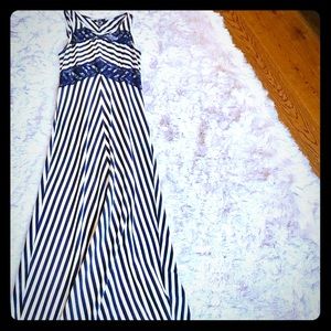 NWOT Gorgeous Maxi Navy Blue Stripe w Lace Detail